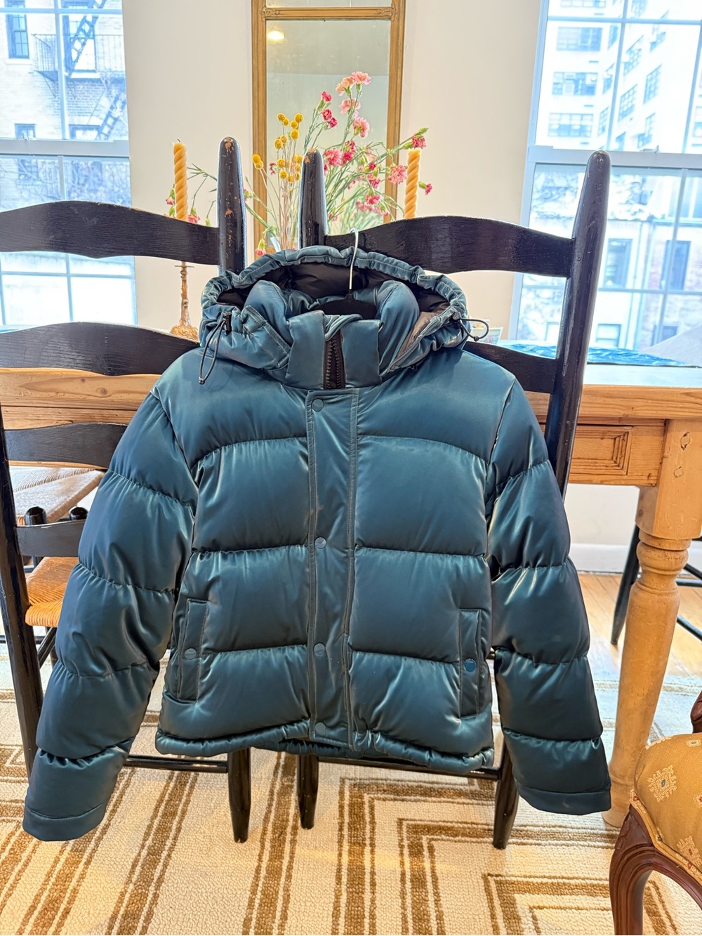 Aritzia Women's Teal Cropped Hooded Puffer Jacket